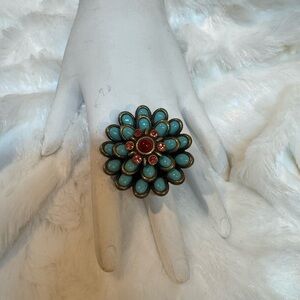 Floral Turquoise and Red Gem Ring